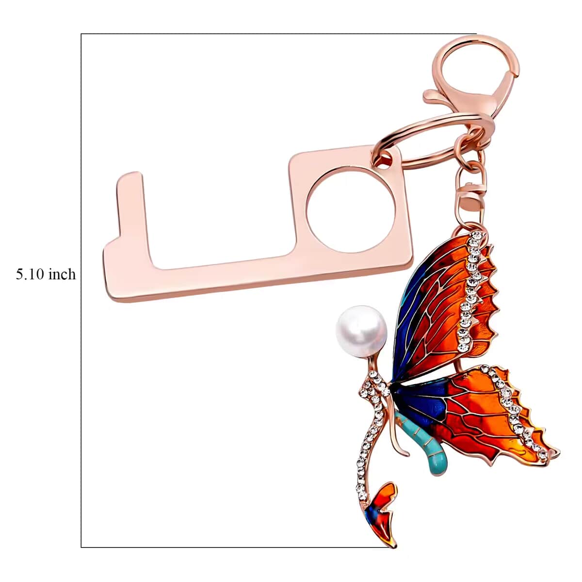 Simulated Pearl, Austrian Crystal and Enameled Butterfly Key Chain with Touchless Door Opener in Rosetone image number 6