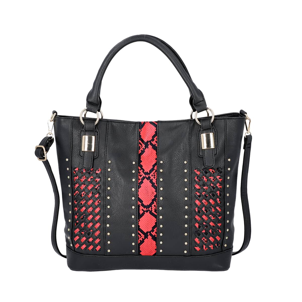 Black, Faux Leather Red Snake Skin Print Rivet Tote Bag with Detachable Strap image number 0