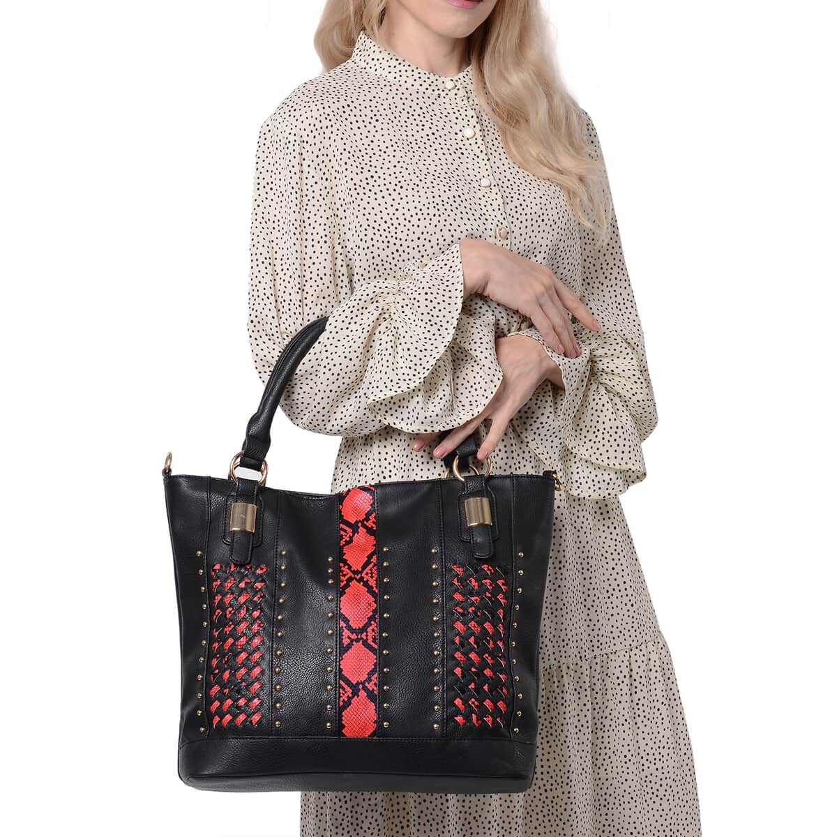 Black, Faux Leather Red Snake Skin Print Rivet Tote Bag with Detachable Strap image number 1