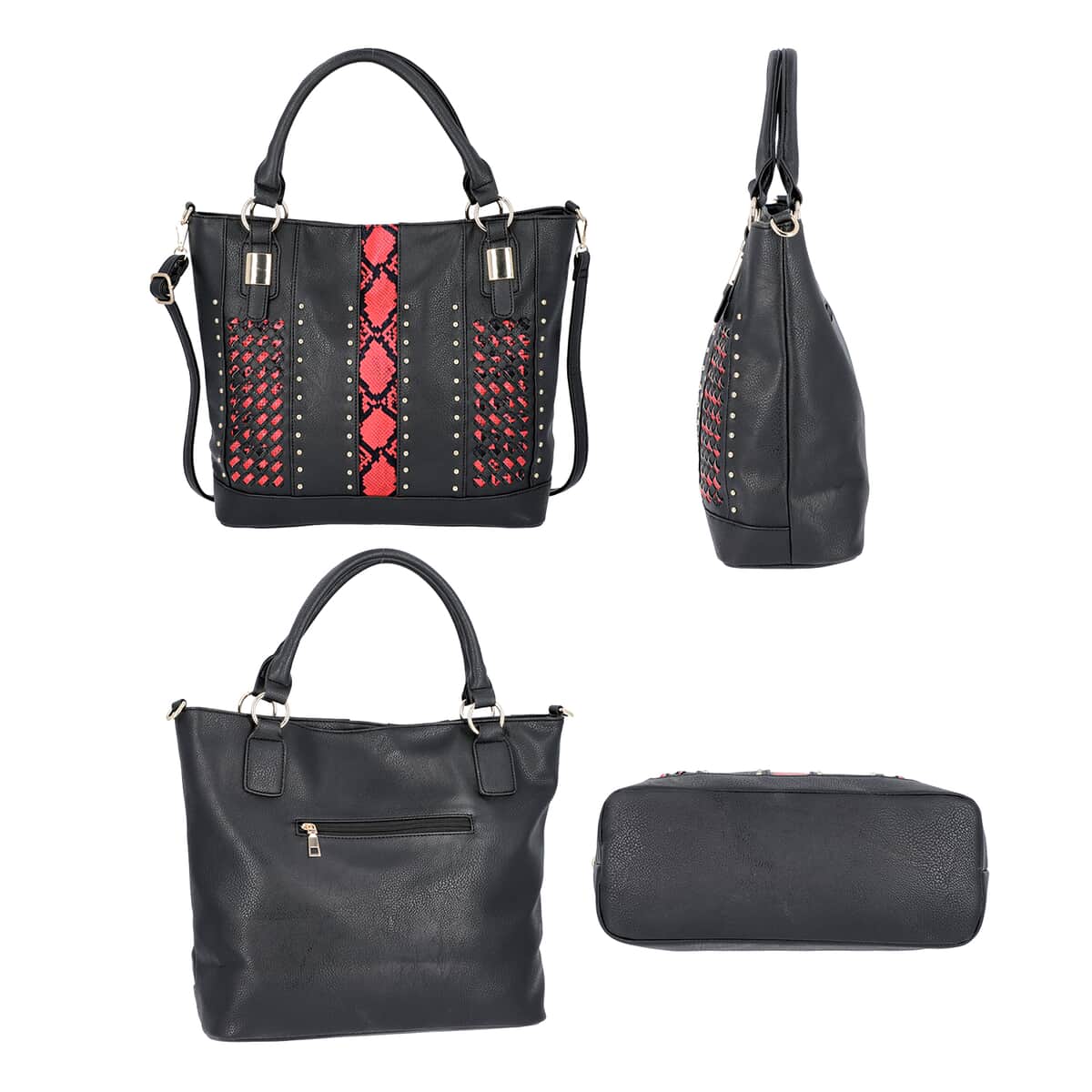 Black, Faux Leather Red Snake Skin Print Rivet Tote Bag with Detachable Strap image number 2