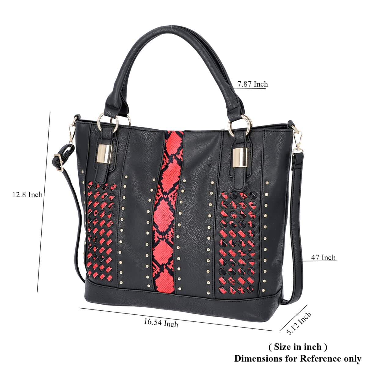 Black, Faux Leather Red Snake Skin Print Rivet Tote Bag with Detachable Strap image number 4