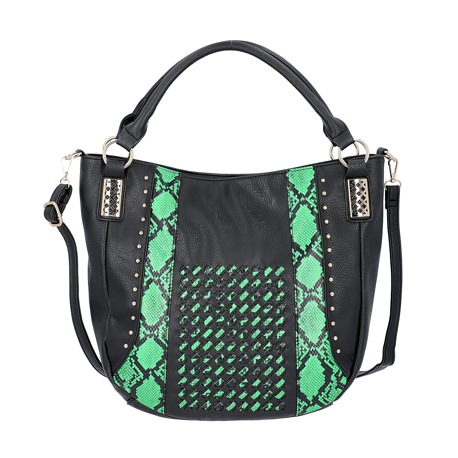 Black and Green, Faux Leather Snake Skin Print Rivet Tote Bag with Detachable Strap
