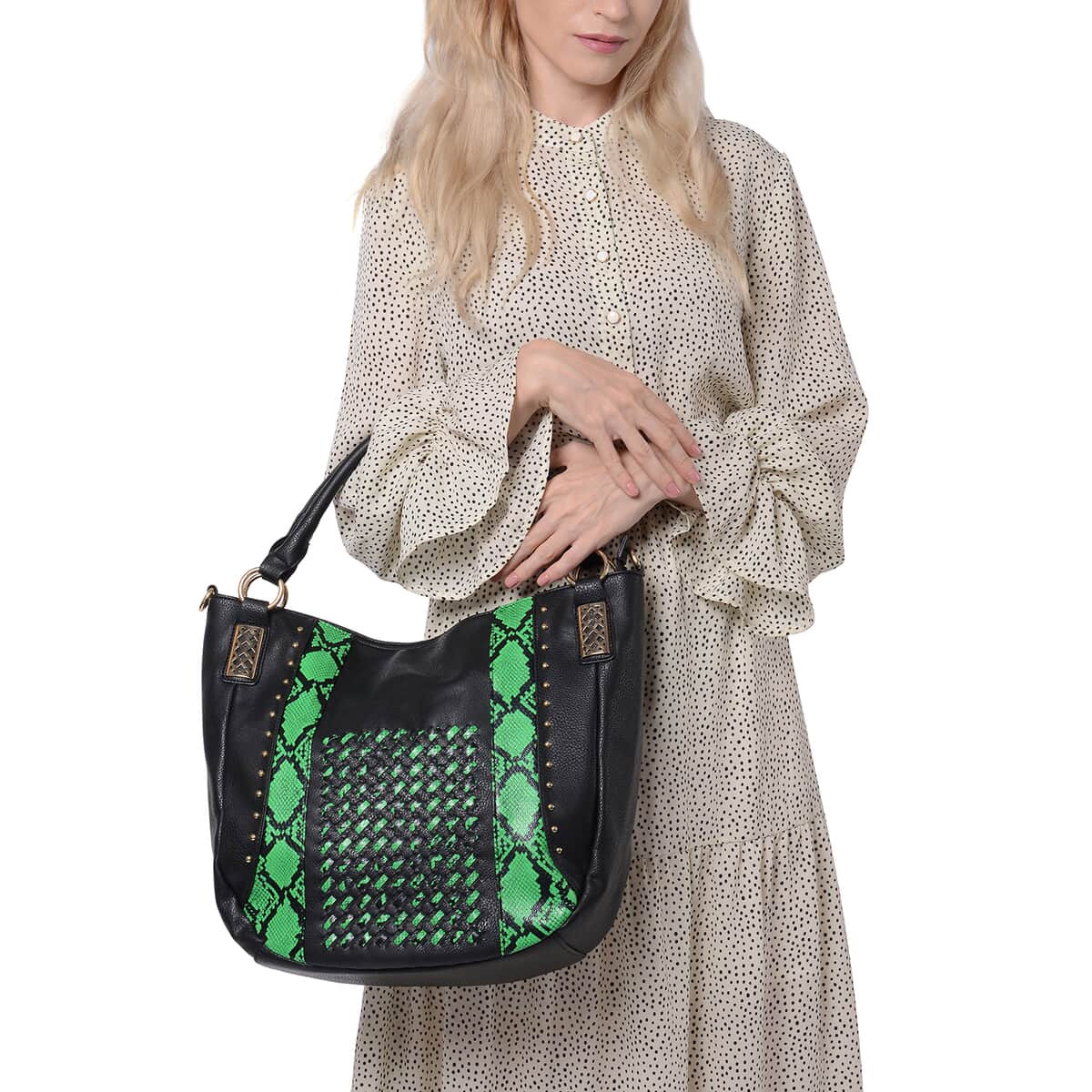 Black and Green, Faux Leather Snake Skin Print Rivet Tote Bag with Detachable Strap image number 1