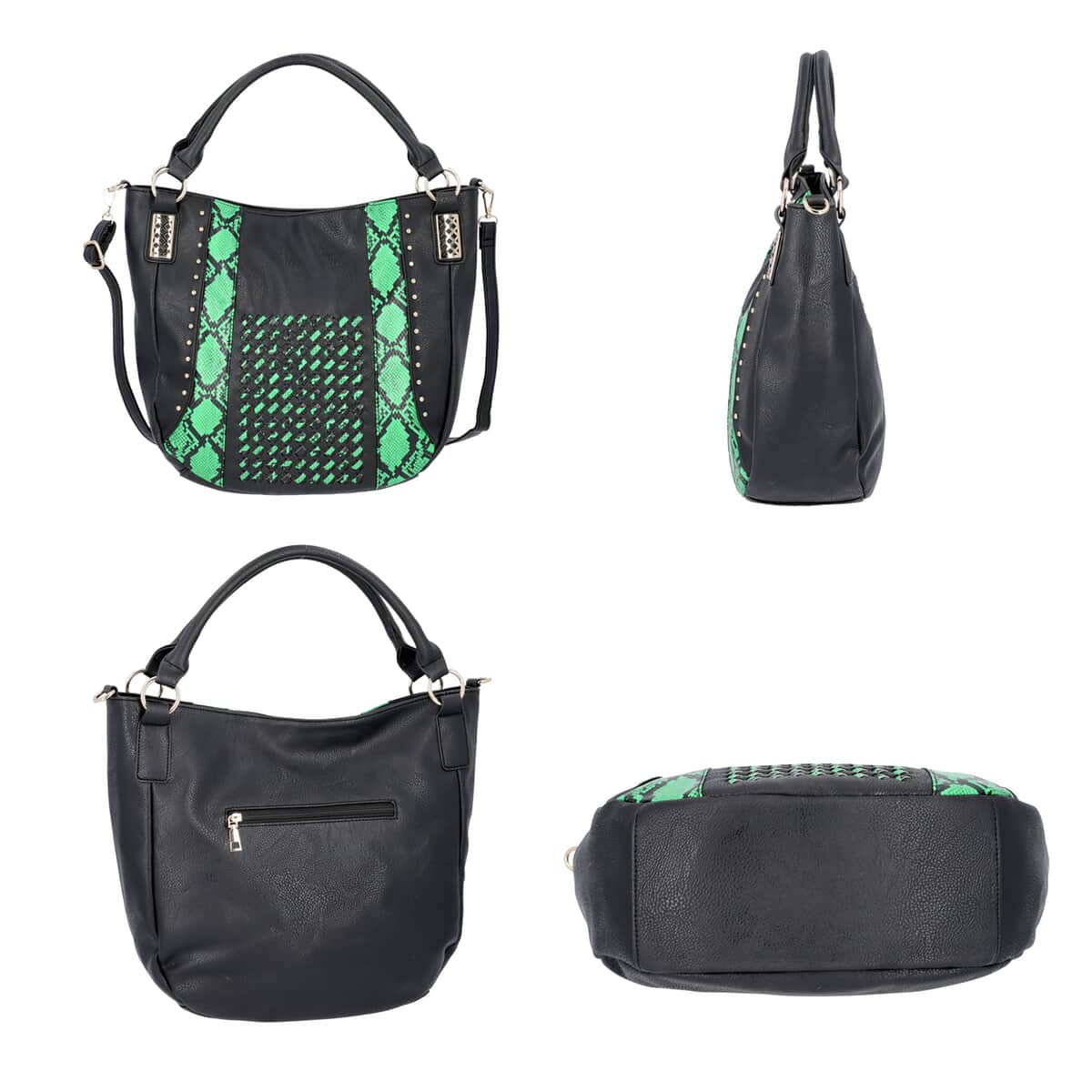 Black and Green, Faux Leather Snake Skin Print Rivet Tote Bag with Detachable Strap image number 2