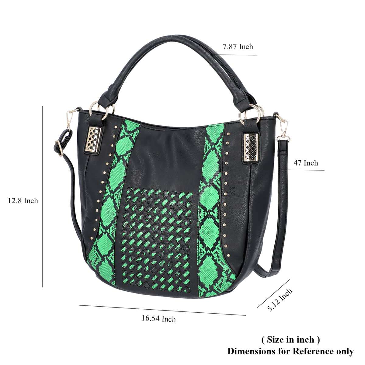 Black and Green, Faux Leather Snake Skin Print Rivet Tote Bag with Detachable Strap image number 4