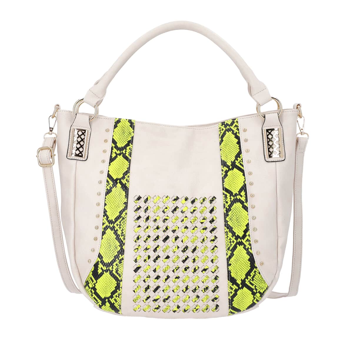 White and Yellow, Faux Leather Snake Skin Print Rivet Tote Bag with Detachable Strap image number 0