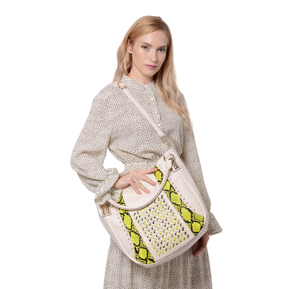 White and Yellow, Faux Leather Snake Skin Print Rivet Tote Bag with Detachable Strap image number 1