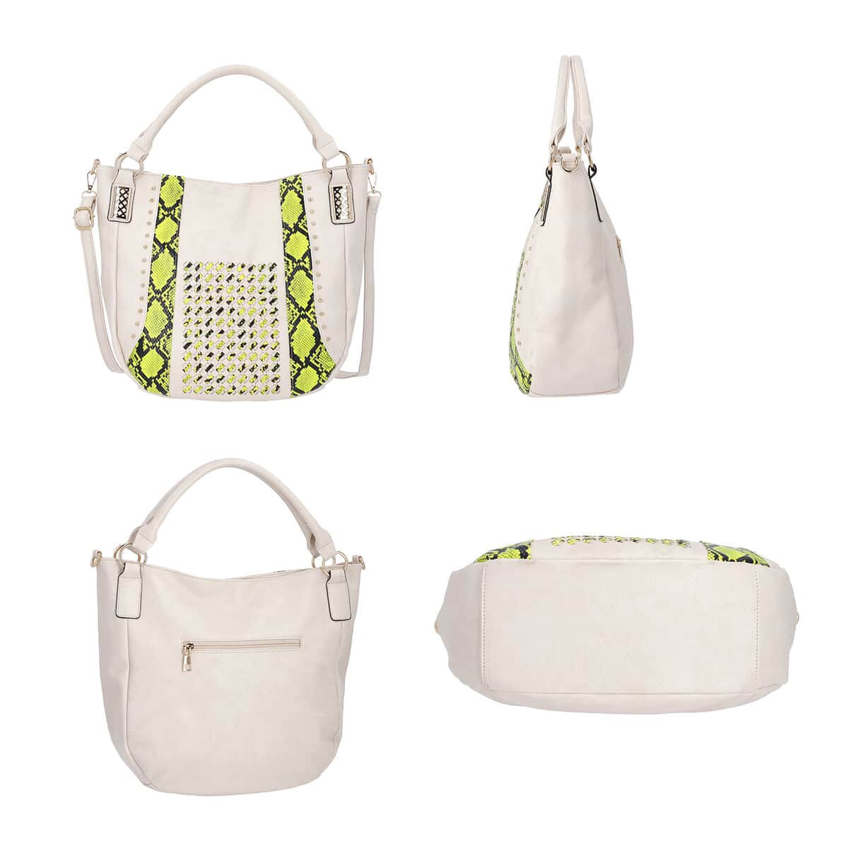 White and Yellow, Faux Leather Snake Skin Print Rivet Tote Bag with Detachable Strap image number 2