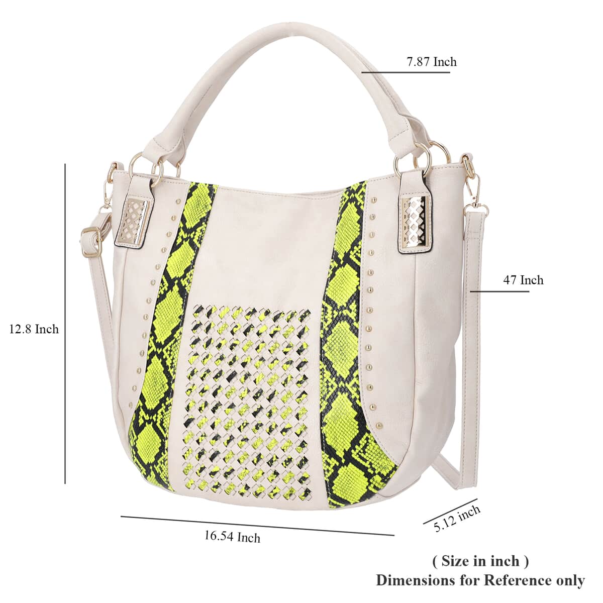 White and Yellow, Faux Leather Snake Skin Print Rivet Tote Bag with Detachable Strap image number 4
