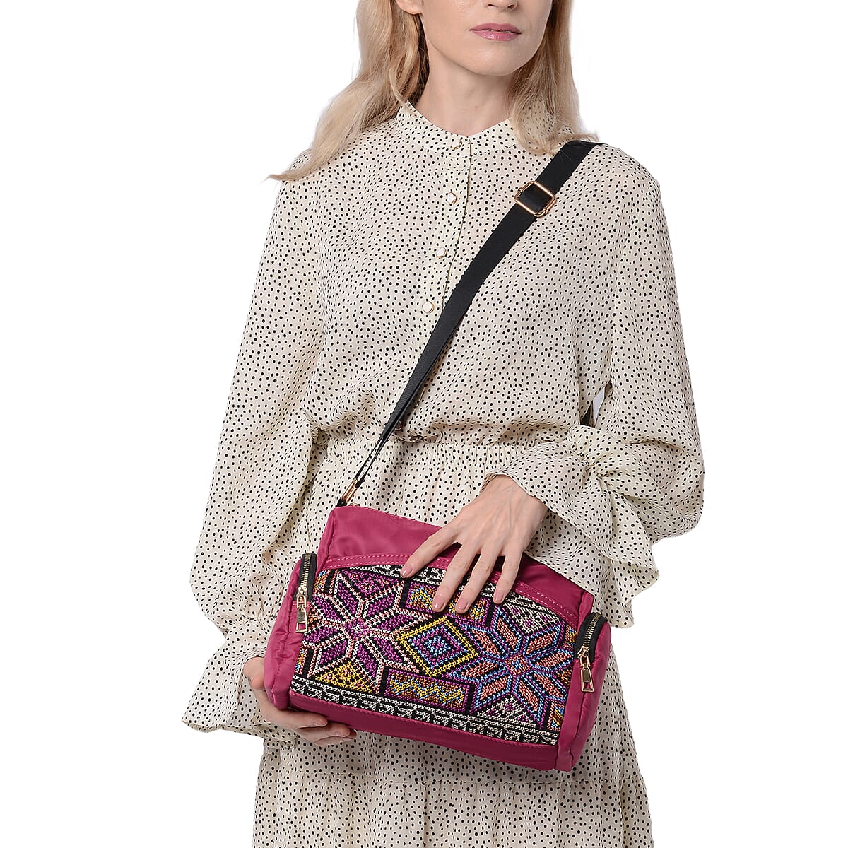 Asian Art Treasure Handbag Collection Fuchsia, Multi Color Embroidered Pattern Faux Leather Crossbody Barrel Bag image number 1