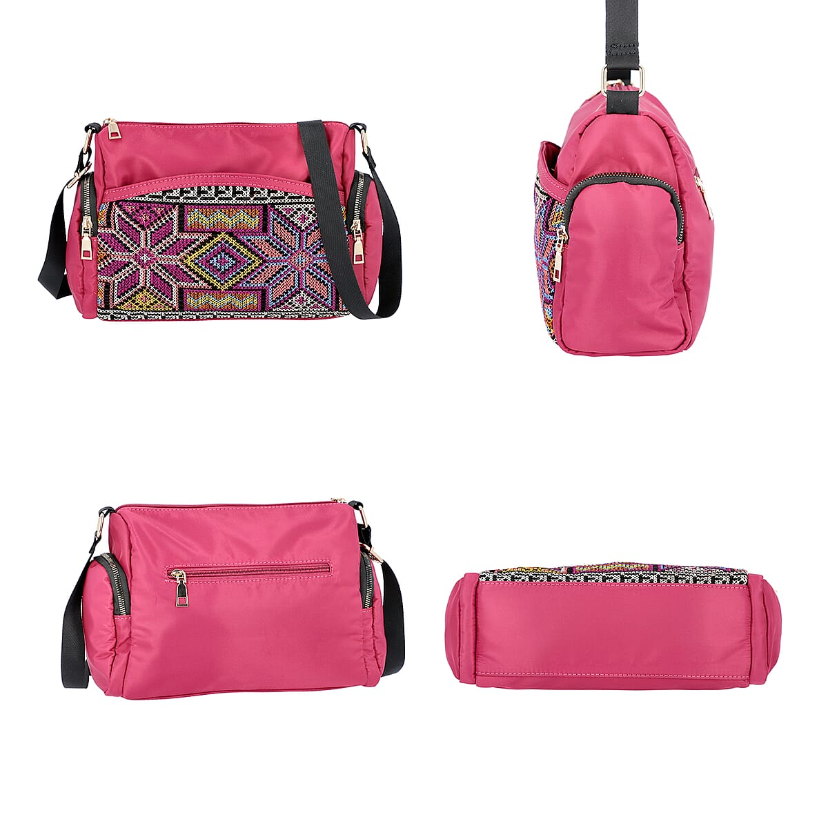 Asian Art Treasure Handbag Collection Fuchsia, Multi Color Embroidered Pattern Faux Leather Crossbody Barrel Bag image number 2