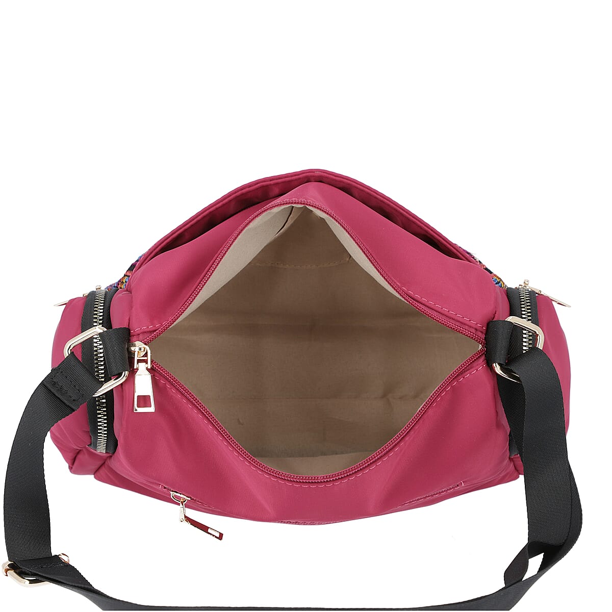 Asian Art Treasure Handbag Collection Fuchsia, Multi Color Embroidered Pattern Faux Leather Crossbody Barrel Bag image number 3