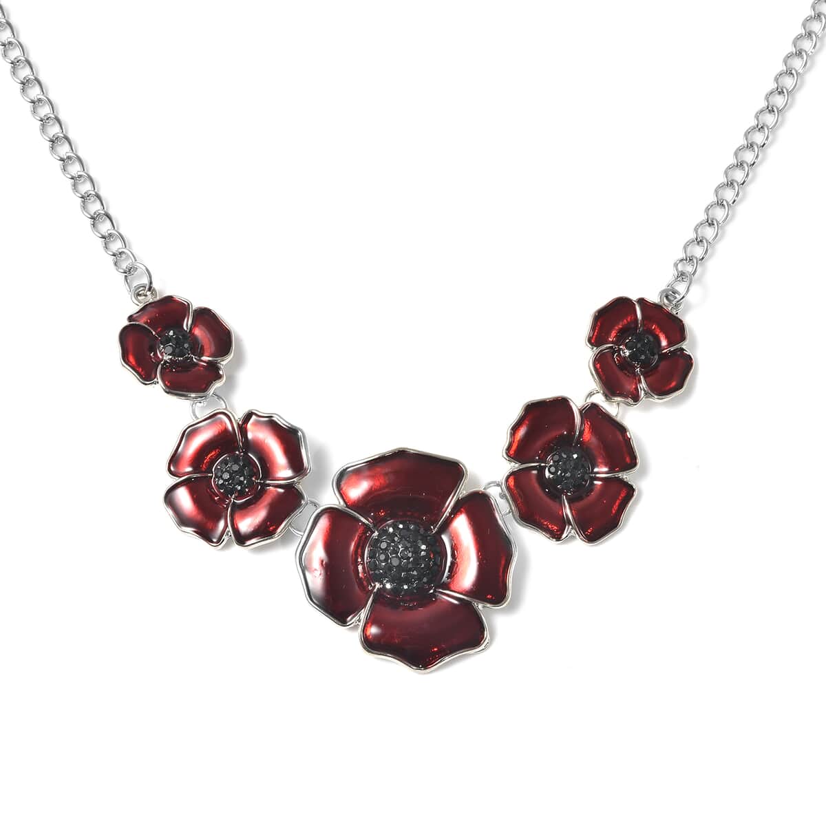 Black Austrian Crystal and Enameled Poppy Flower Necklace 20 Inches in Silvertone image number 0