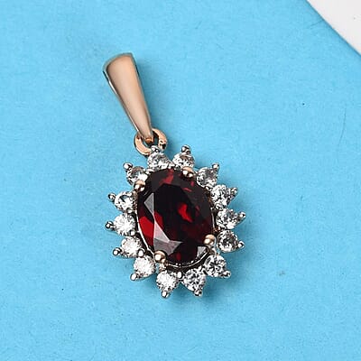 Luxoro 10K Rose Gold Premium Anthill Garnet, White Zircon Halo Pendant 1.25 ctw
