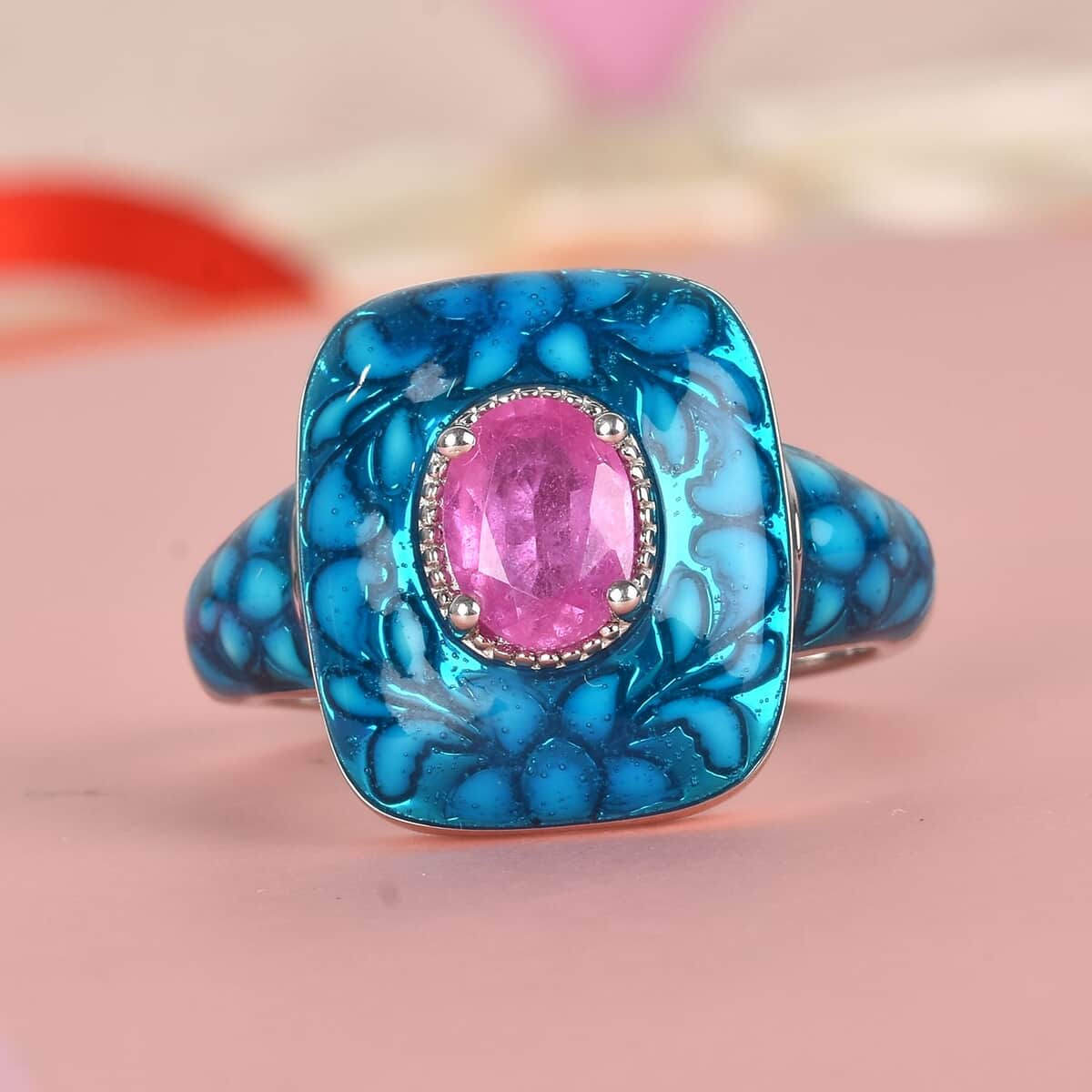 GP Ilakaka Hot Pink Sapphire (FF) and Enameled Ring in Platinum Over Sterling Silver (Size 9.0) 1.75 ctw image number 1