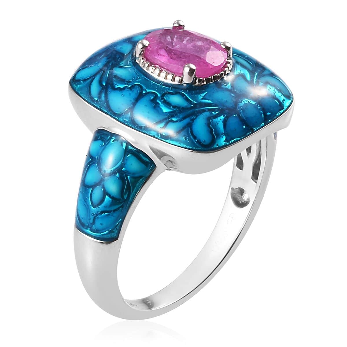 GP Ilakaka Hot Pink Sapphire (FF) and Enameled Ring in Platinum Over Sterling Silver (Size 9.0) 1.75 ctw image number 3