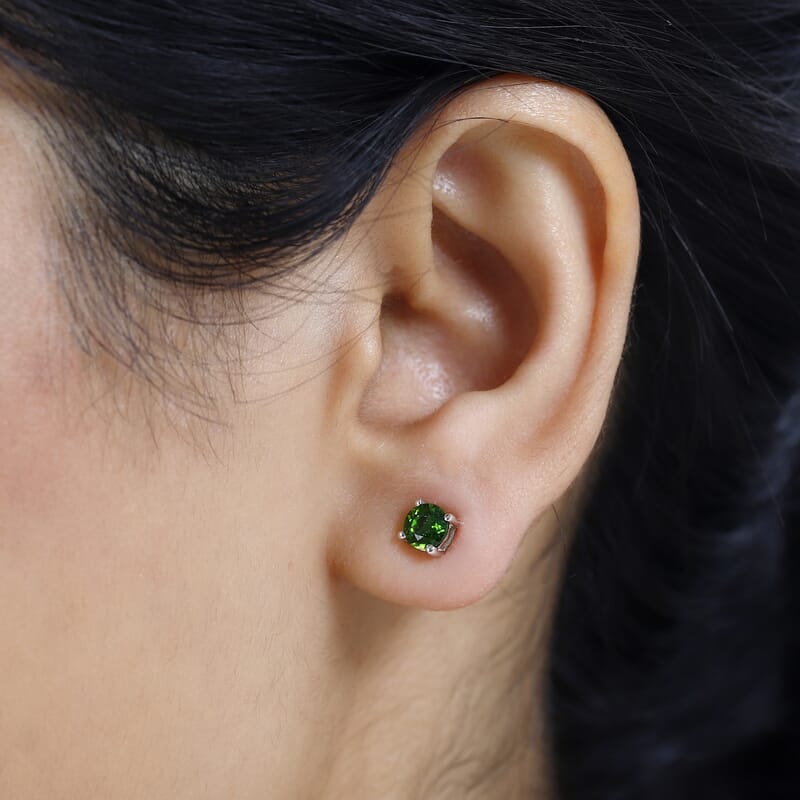 D'Joy Chrome Diopside 1.00 ctw Earrings in Platinum Over Sterling Silver, Solitaire Silver Earrings, Birthday Gifts For Her