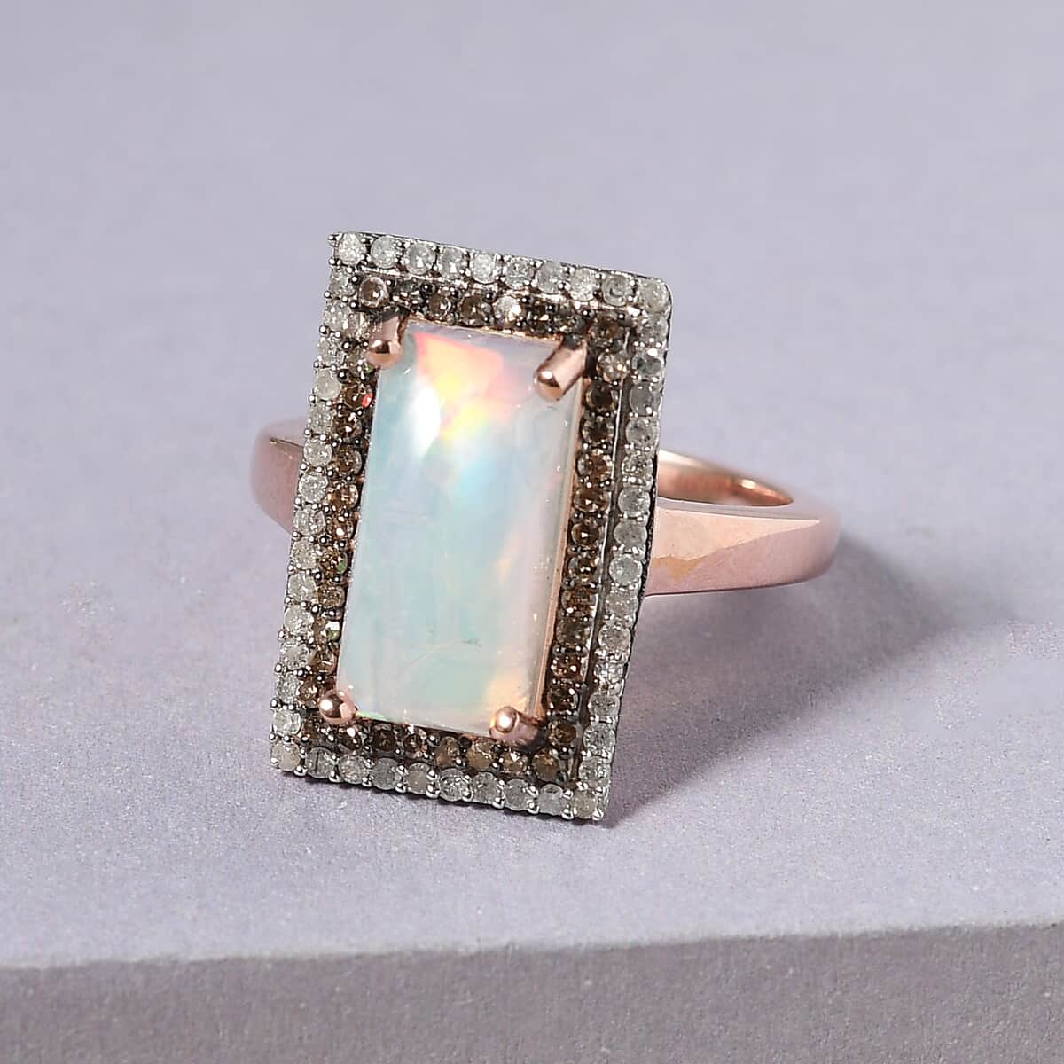 Premium Ethiopian Welo Opal, Natural Champagne and White Diamond Double Halo Ring in Vermeil Rose Gold Over Sterling Silver (Size 10.0) 3.25 ctw image number 1