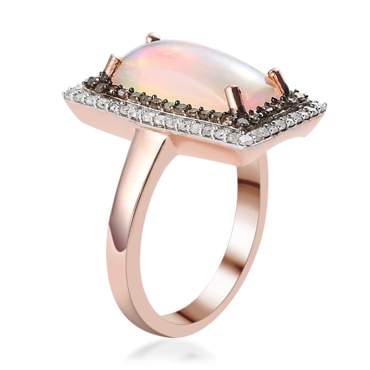 Premium Ethiopian Welo Opal, Natural Champagne and White Diamond Double Halo Ring in Vermeil Rose Gold Over Sterling Silver (Size 10.0) 3.25 ctw image number 3