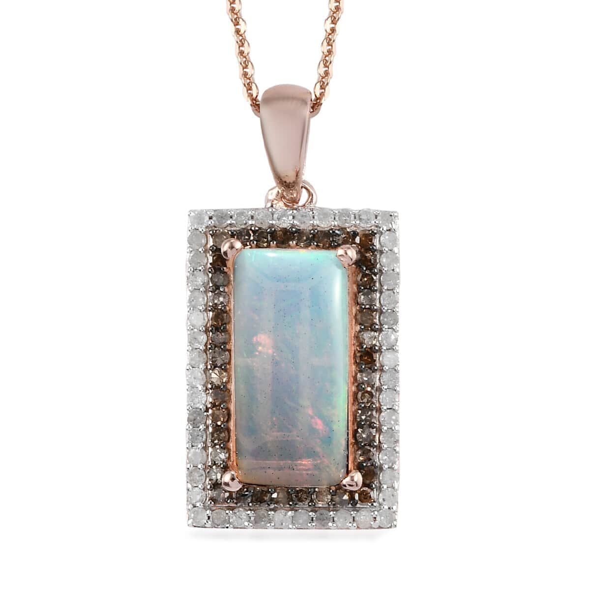 Premium Ethiopian Welo Opal, Natural Champagne and White Diamond Pendant Necklace 20 Inches in Rhodium and Vermeil RG Over Sterling Silver 3.35 ctw image number 0