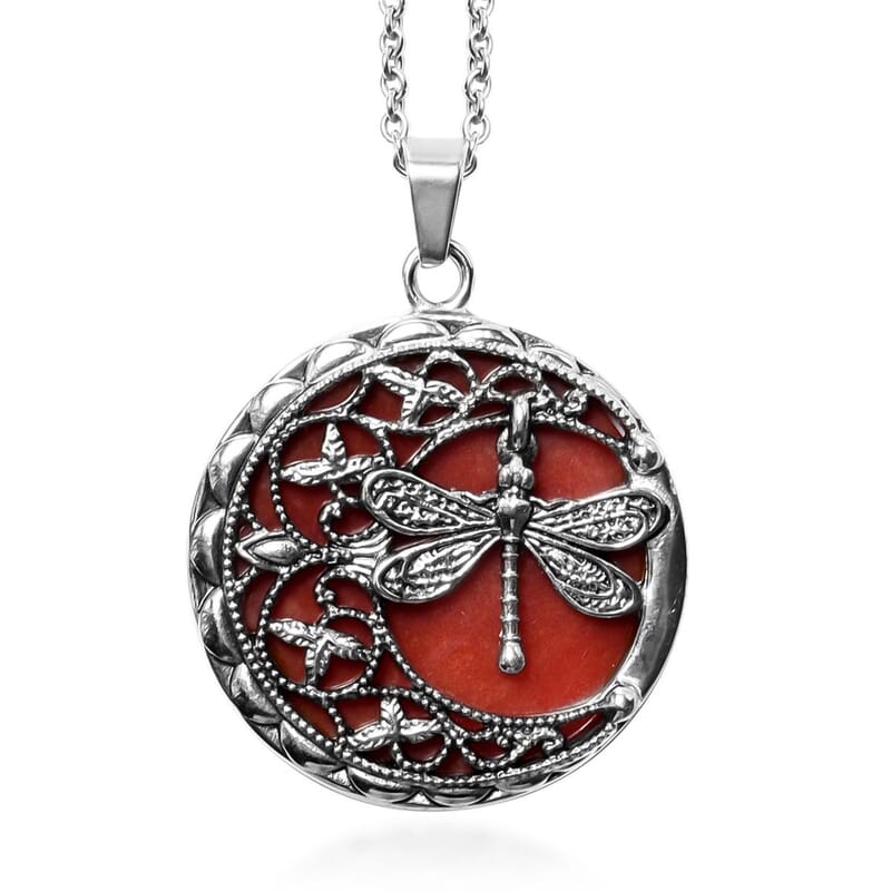 Red Carnelian 50.00 ctw Dragonfly Pendant Necklace in Black Oxidized Stainless Steel 20 Inches
