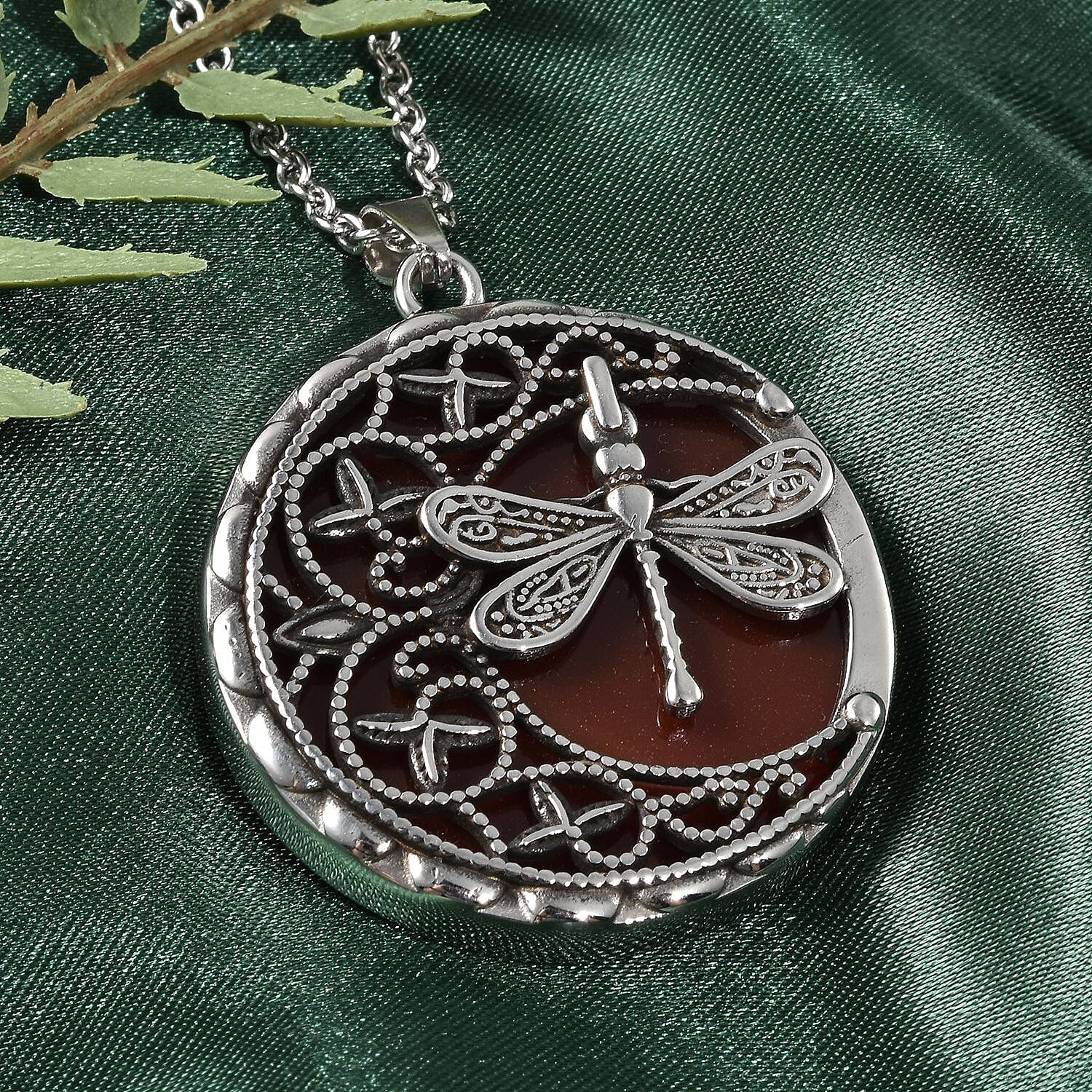 Red Carnelian 50.00 ctw Dragonfly Pendant Necklace in Black Oxidized Stainless Steel 20 Inches