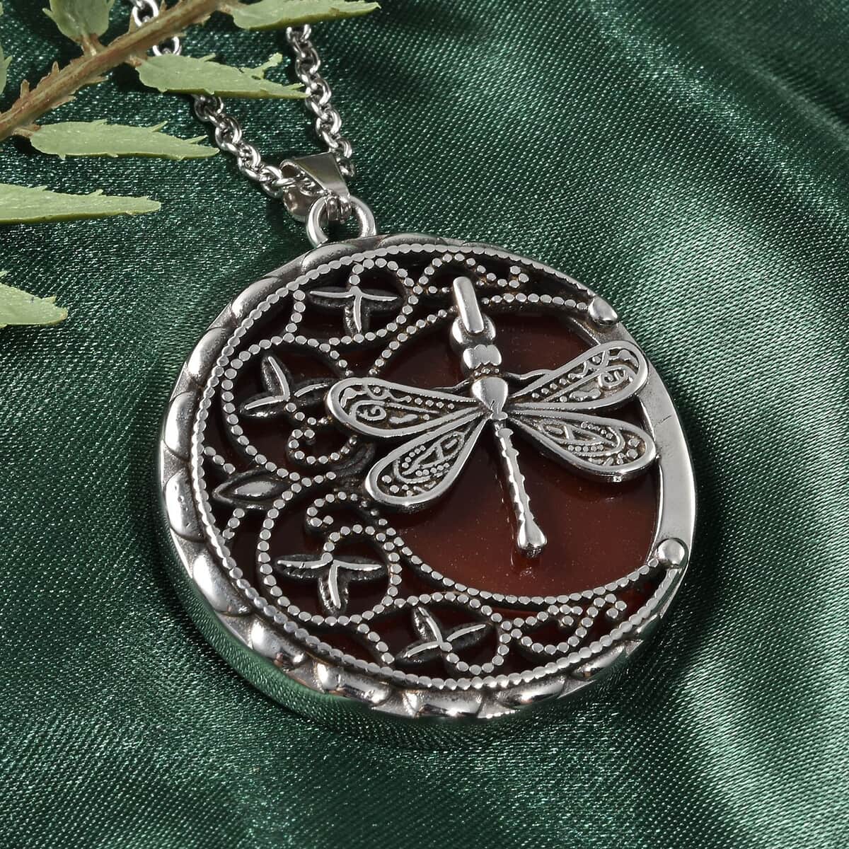 Red Carnelian Necklace in Black Oxidized Stainless Steel, Dragonfly Pendant, Silver Jewelry For Women 50.00 ctw (20 Inches) image number 1