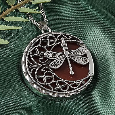 Red Carnelian 50.00 ctw Dragonfly Pendant Necklace in Black Oxidized Stainless Steel 20 Inches