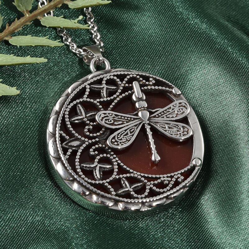 Red Carnelian 50.00 ctw Dragonfly Pendant Necklace in Black Oxidized Stainless Steel 20 Inches