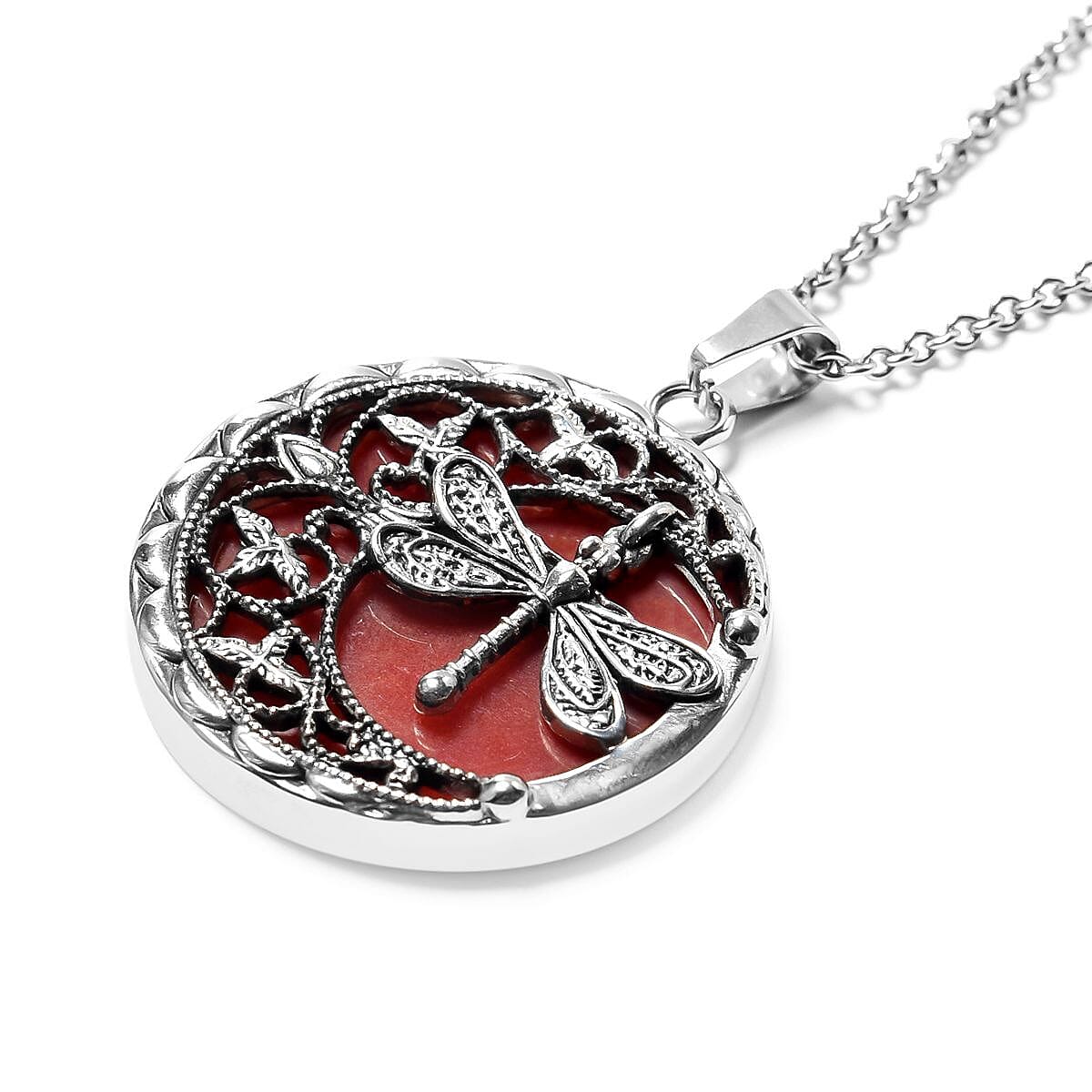 Red Carnelian 50.00 ctw Dragonfly Pendant Necklace in Black Oxidized Stainless Steel 20 Inches