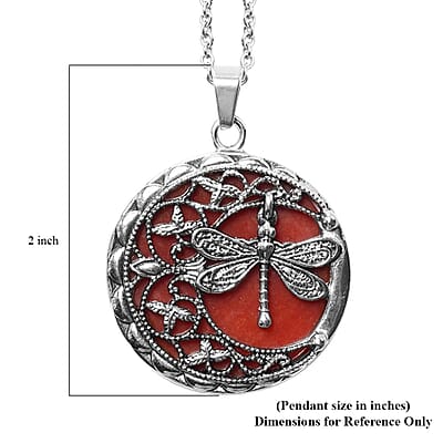 Red Carnelian 50.00 ctw Dragonfly Pendant Necklace in Black Oxidized Stainless Steel 20 Inches
