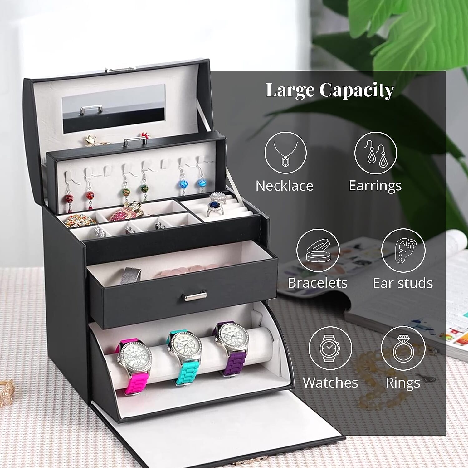 Black Faux Leather Multi Compartment Jewelry Organizer with Lock & Key