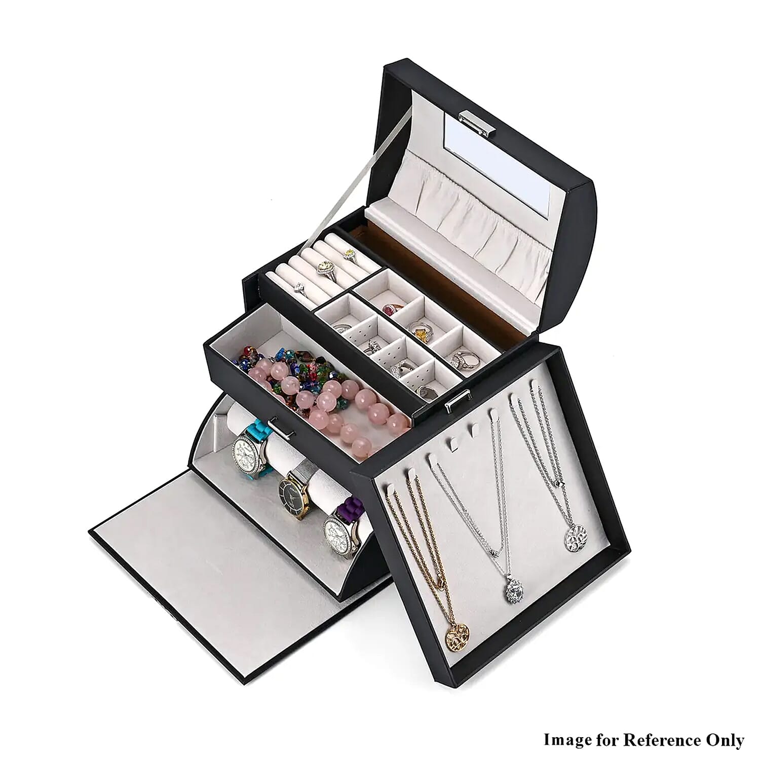 Black Faux Leather Multi Compartment Jewelry Organizer with Lock & Key