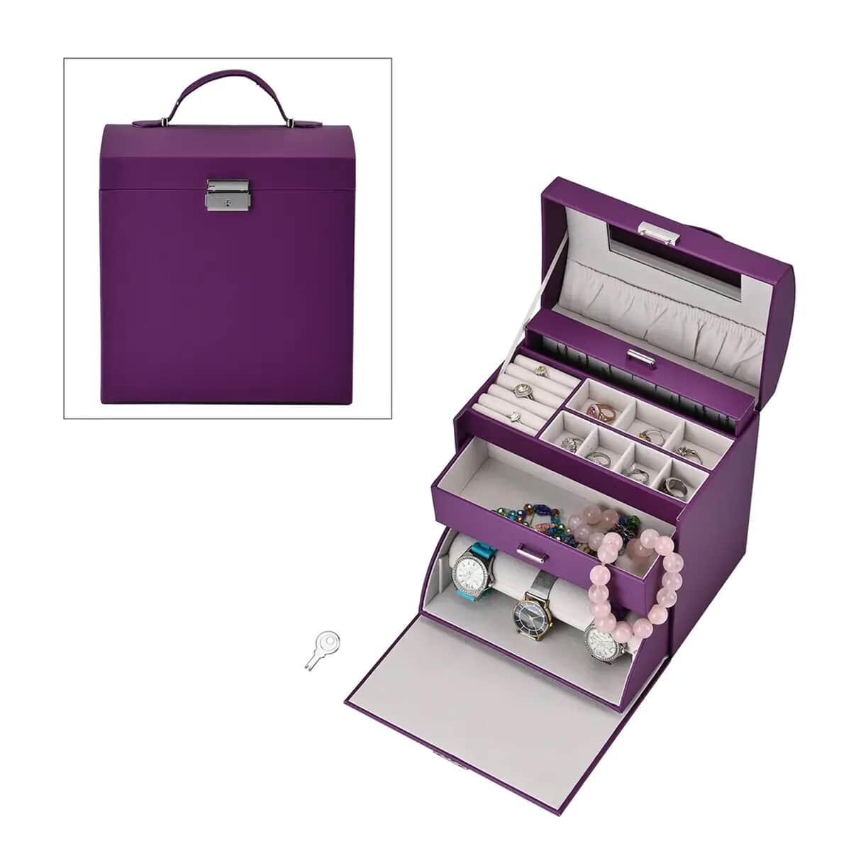Purple Color Faux Leather Multi Compartment Jewelry Organizer with Lock & Key image number 0