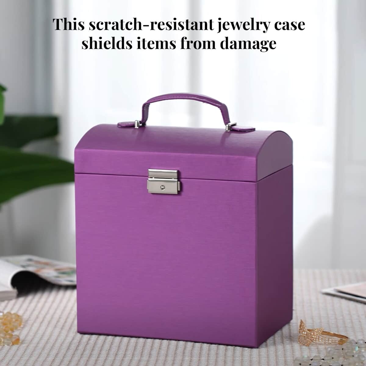 Purple Color Faux Leather Multi Compartment Jewelry Organizer with Lock & Key image number 1