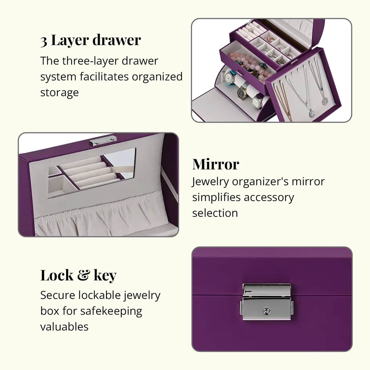 Purple Color Faux Leather Multi Compartment Jewelry Organizer with Lock & Key image number 3