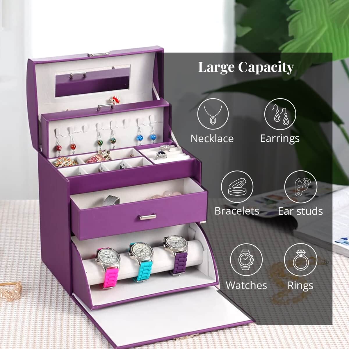 Purple Color Faux Leather Multi Compartment Jewelry Organizer with Lock & Key image number 4