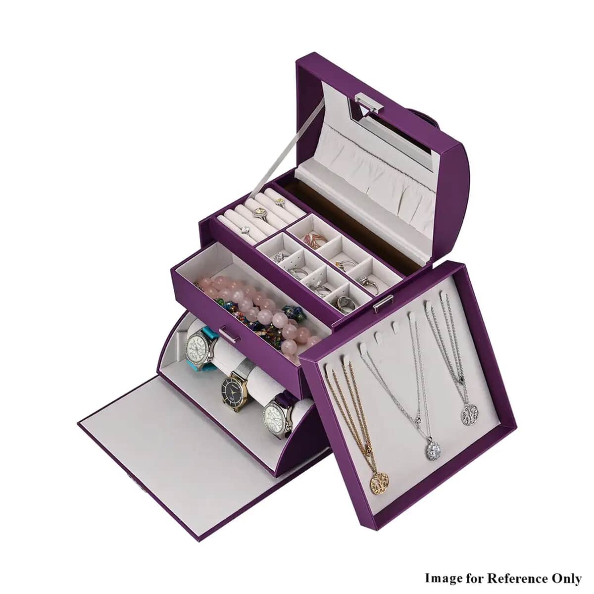 Purple Color Faux Leather Multi Compartment Jewelry Organizer with Lock & Key image number 6