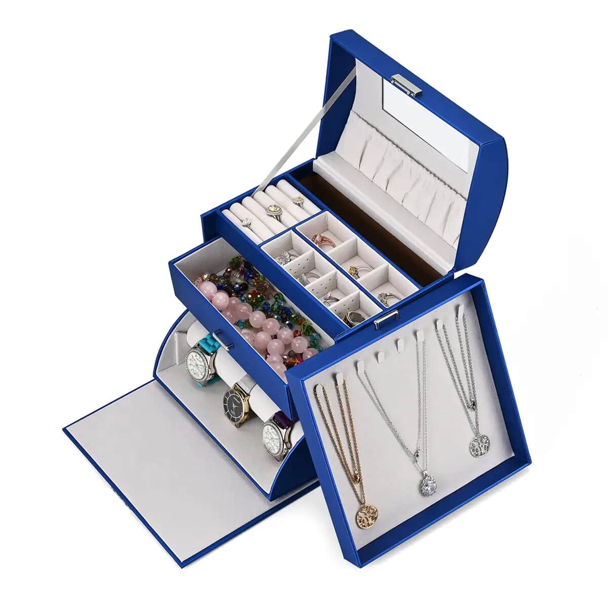 Navy Faux Leather Multi Compartment Jewelry Organizer with Lock & Key image number 6