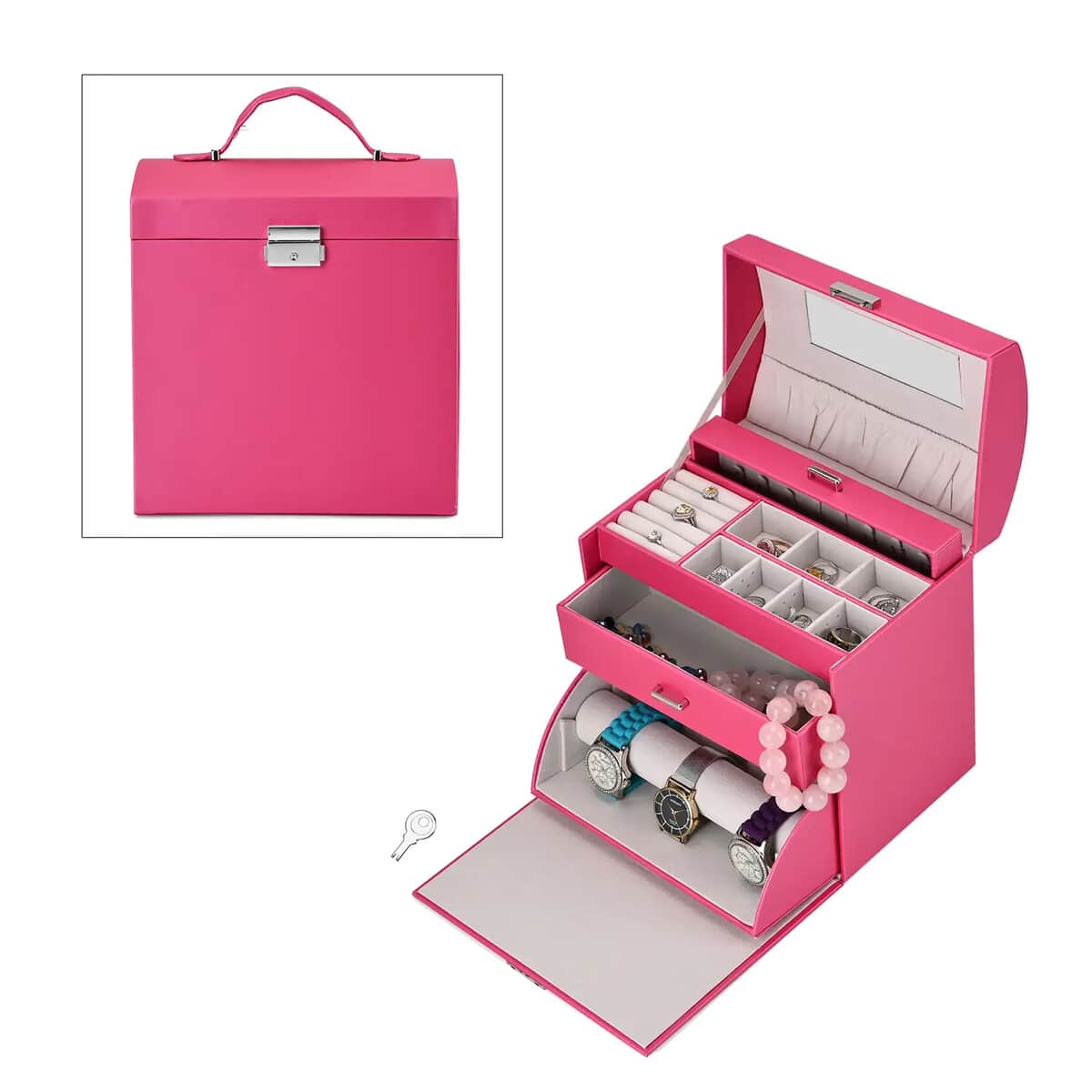 Fuchsia Faux Leather Multi Compartment Jewelry Organizer with Lock & Key image number 0