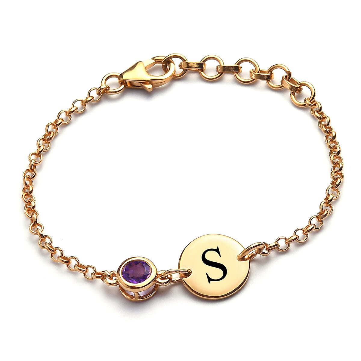 Personalized 0.40 ctw Amethyst Engraved Initial Birthstone Bracelet in 14K Yellow Gold Over Sterling Silver (6.50-8.50In) image number 0