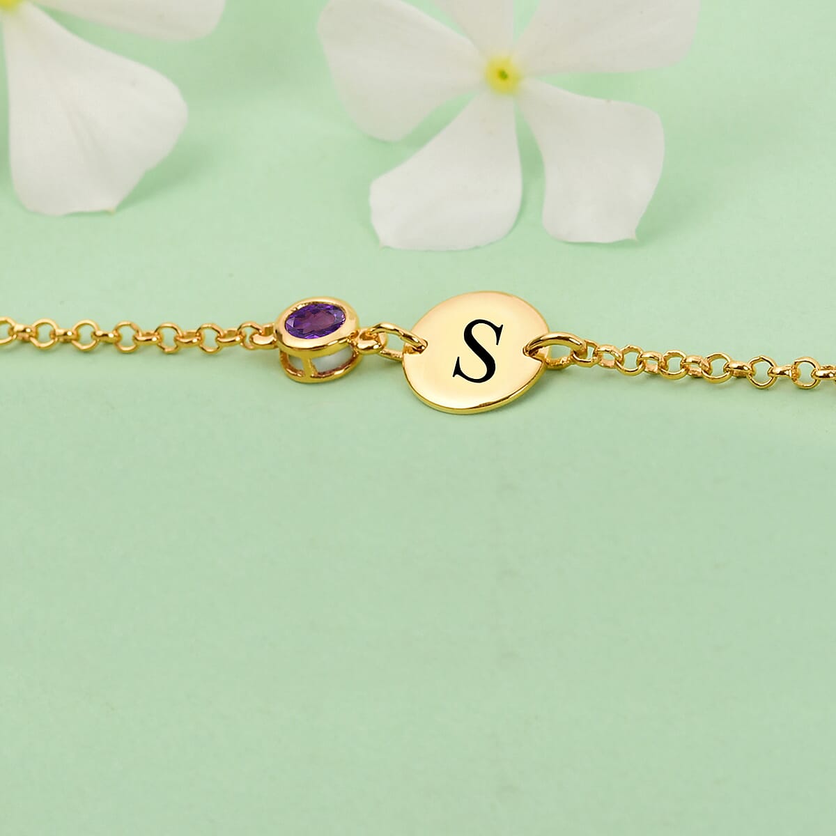 Personalized 0.40 ctw Amethyst Engraved Initial Birthstone Bracelet in 14K Yellow Gold Over Sterling Silver (6.50-8.50In) image number 1