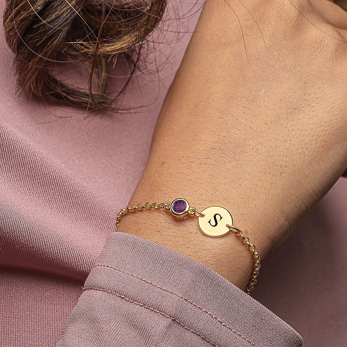 Personalized 0.40 ctw Amethyst Engraved Initial Birthstone Bracelet in 14K Yellow Gold Over Sterling Silver (6.50-8.50In) image number 2
