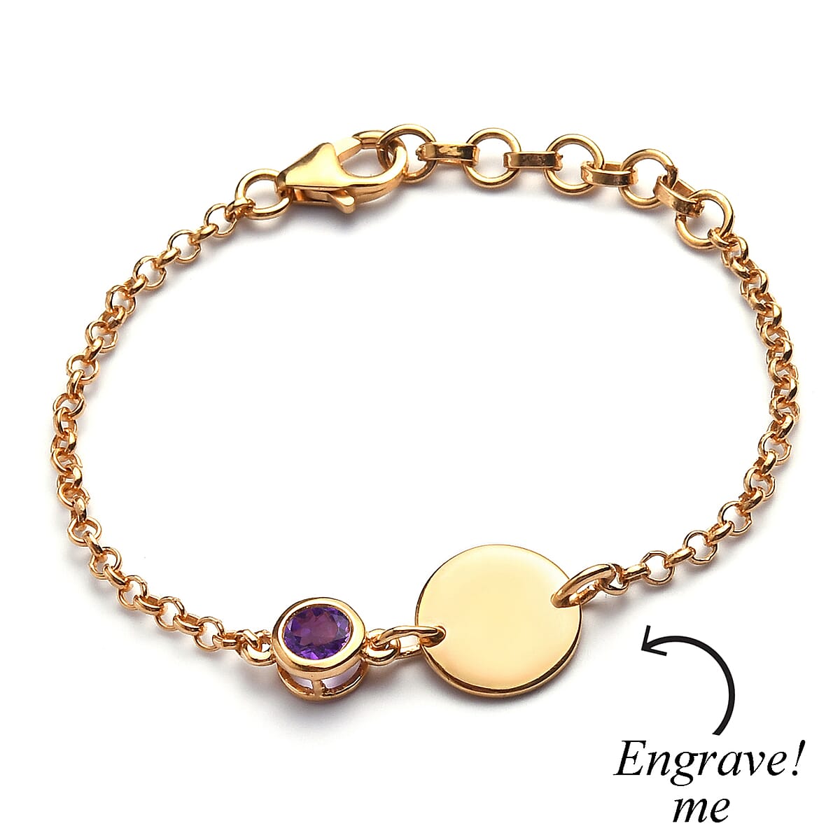 Personalized 0.40 ctw Amethyst Engraved Initial Birthstone Bracelet in 14K Yellow Gold Over Sterling Silver (6.50-8.50In) image number 3