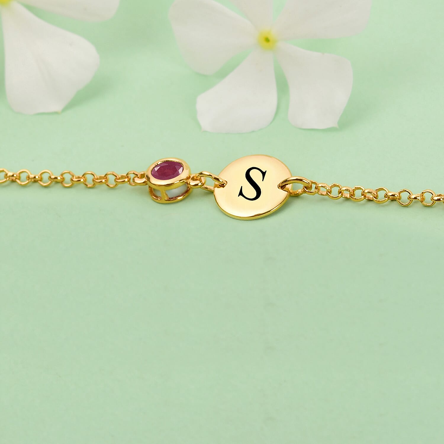 Niassa Ruby (FF) Engraved Initial Birthstone Bracelet in 14K Yellow Gold Over Sterling Silver (6.50-8.50In) 0.75 ctw