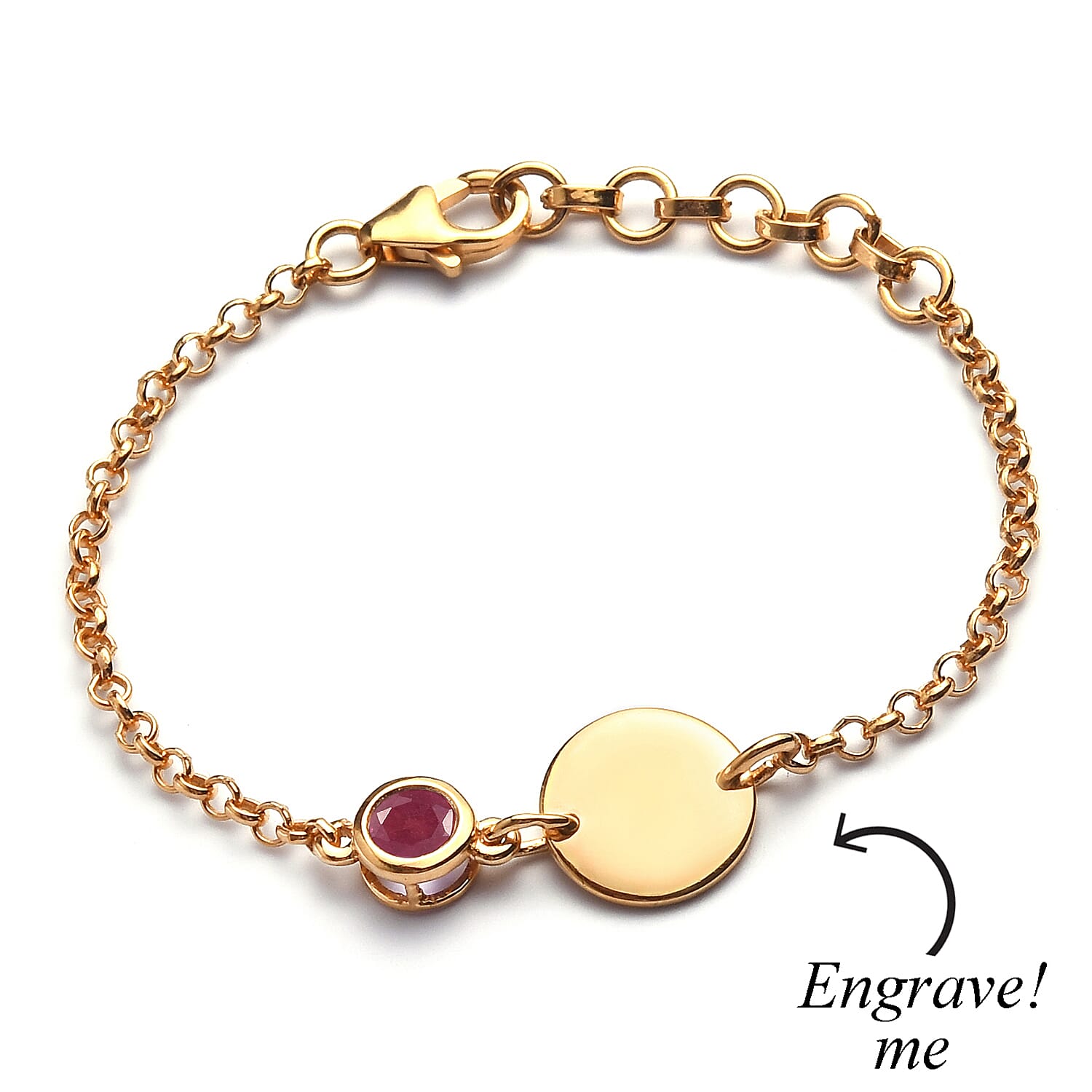 Niassa Ruby (FF) Engraved Initial Birthstone Bracelet in 14K Yellow Gold Over Sterling Silver (6.50-8.50In) 0.75 ctw