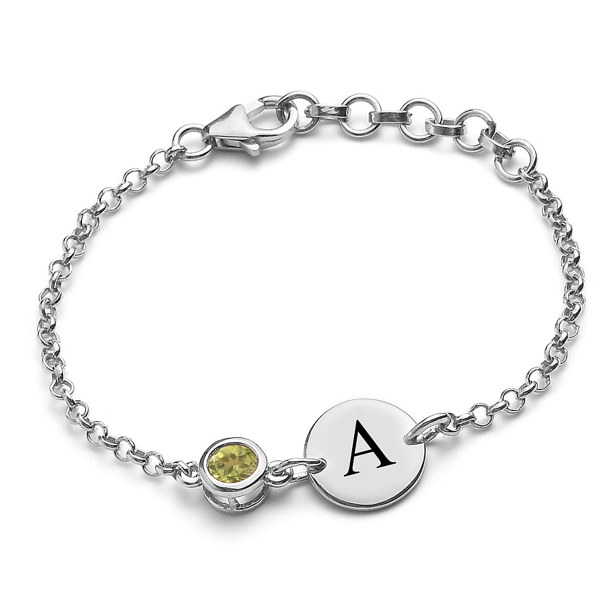 Personalized 0.60 ctw Peridot Engraved Initial Birthstone Bracelet in Platinum Over Sterling Silver (6.50-8.50In) image number 0