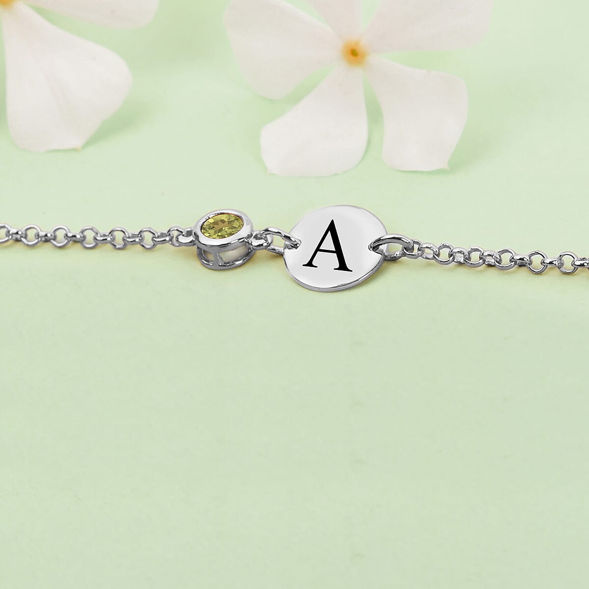 Personalized 0.60 ctw Peridot Engraved Initial Birthstone Bracelet in Platinum Over Sterling Silver (6.50-8.50In) image number 1