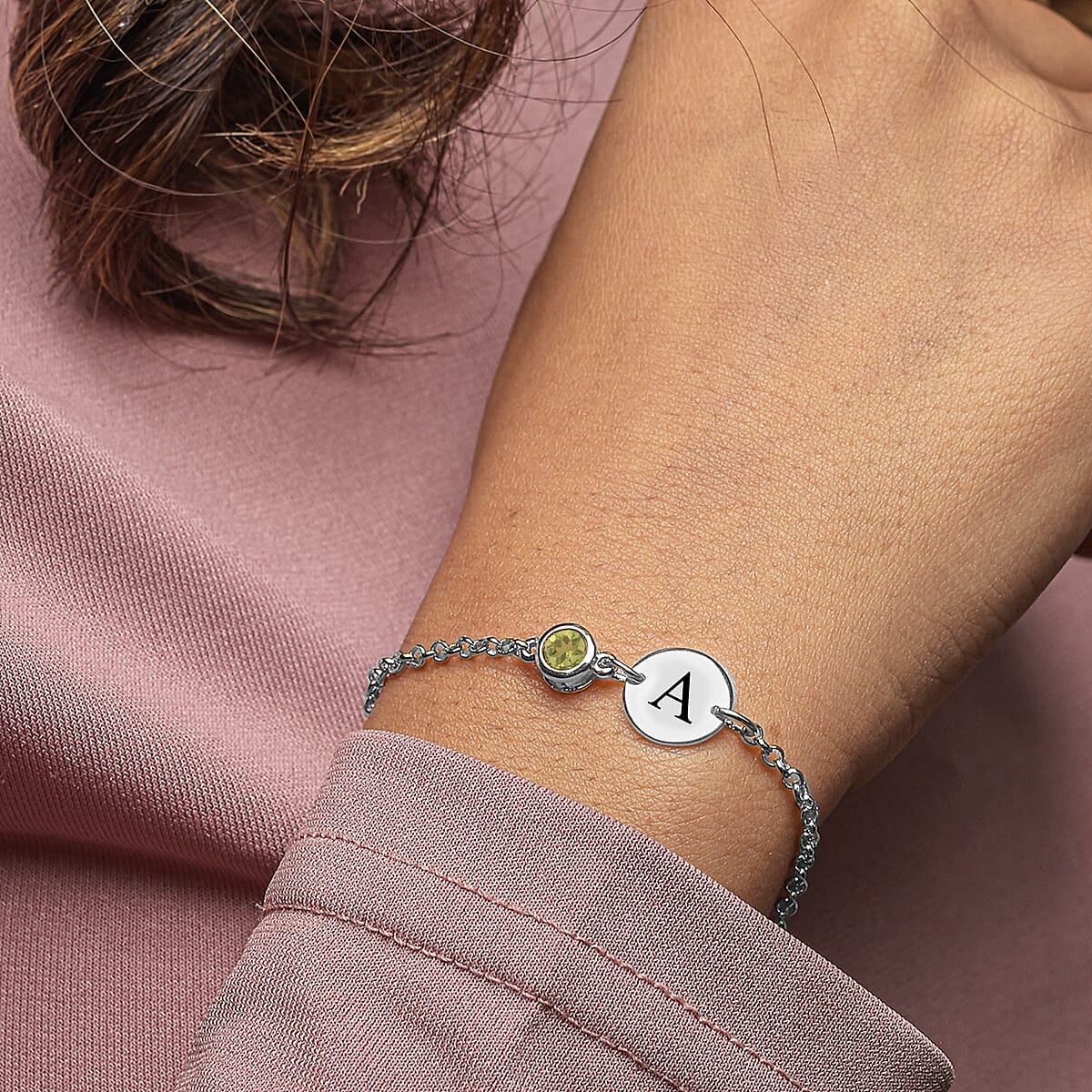 Personalized 0.60 ctw Peridot Engraved Initial Birthstone Bracelet in Platinum Over Sterling Silver (6.50-8.50In) image number 2
