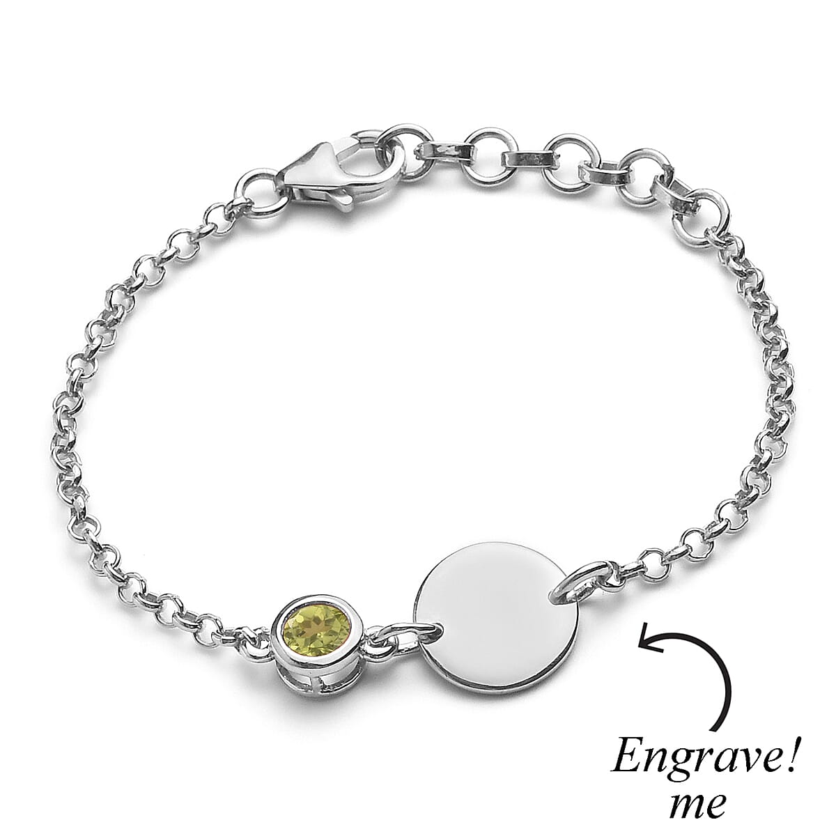 Personalized 0.60 ctw Peridot Engraved Initial Birthstone Bracelet in Platinum Over Sterling Silver (6.50-8.50In) image number 3